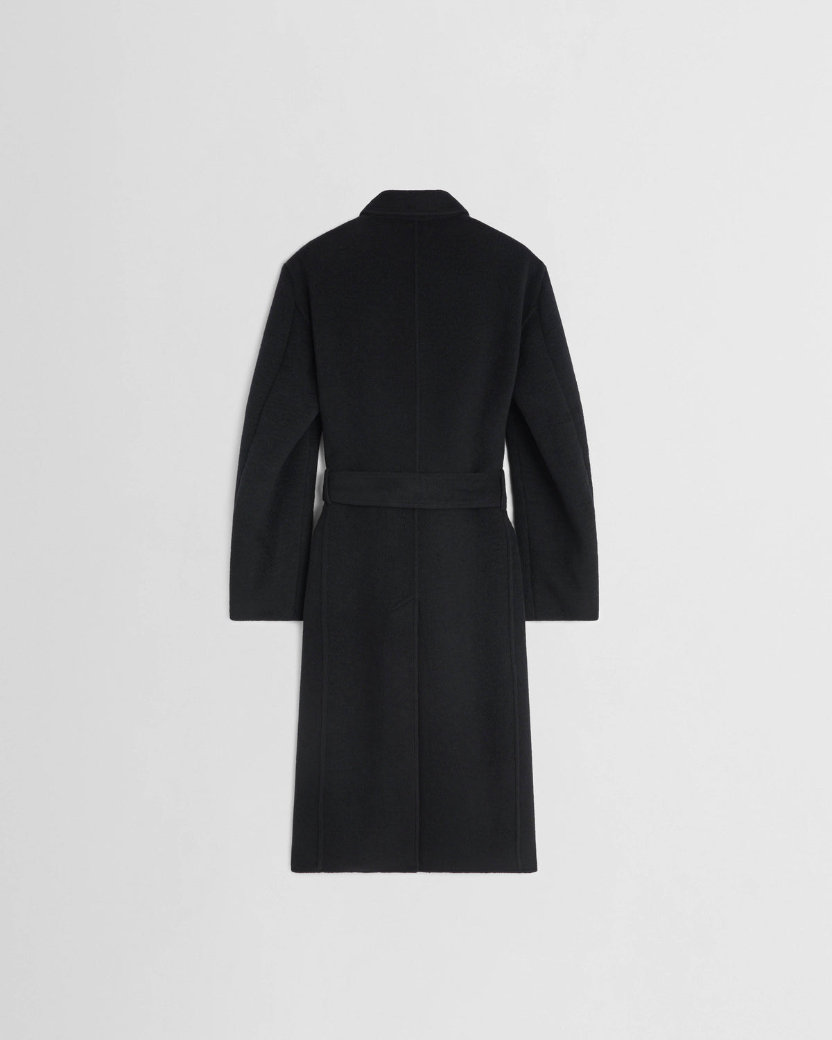 Back view of BELTED ROBE COAT in black cashmere