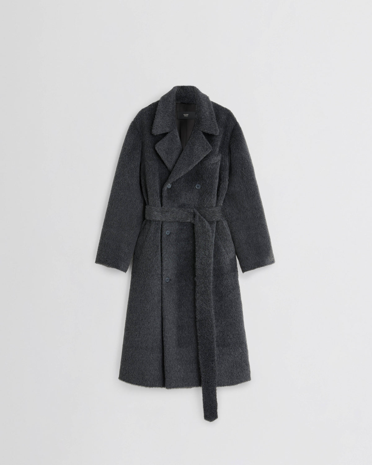 Front view of BELTED TEDDY COAT in ash shearling