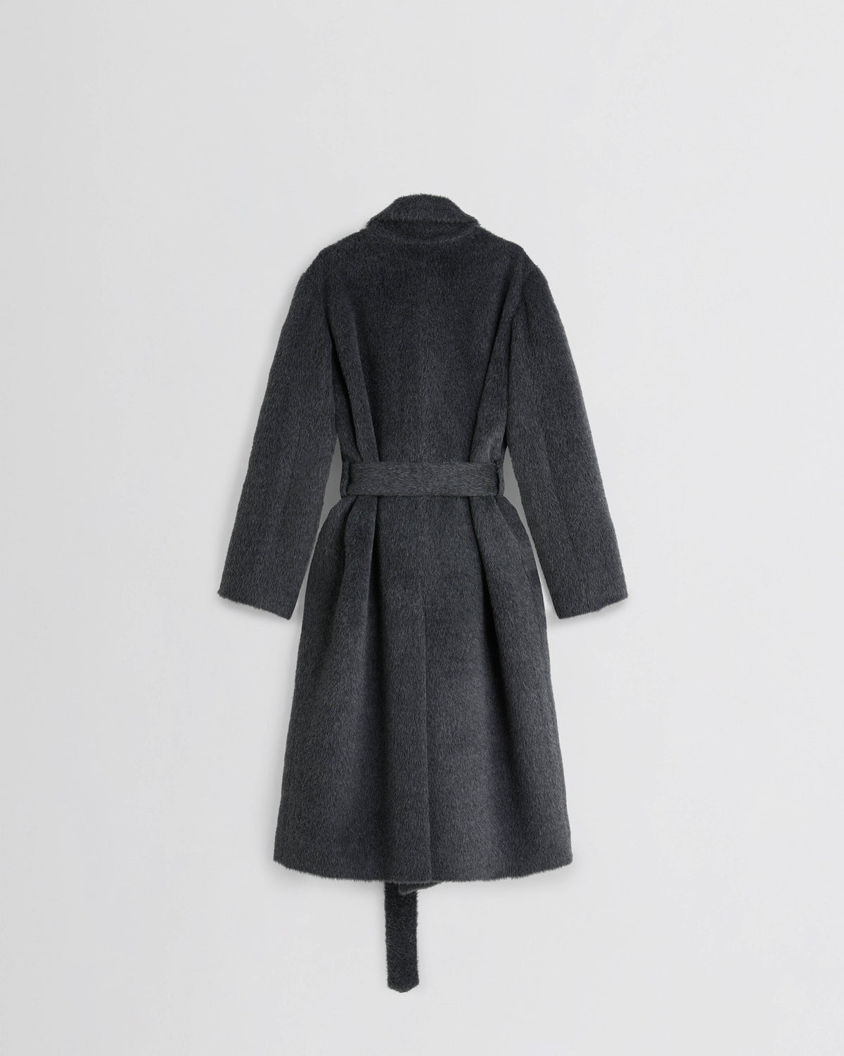 Back view of BELTED TEDDY COAT in ash shearling