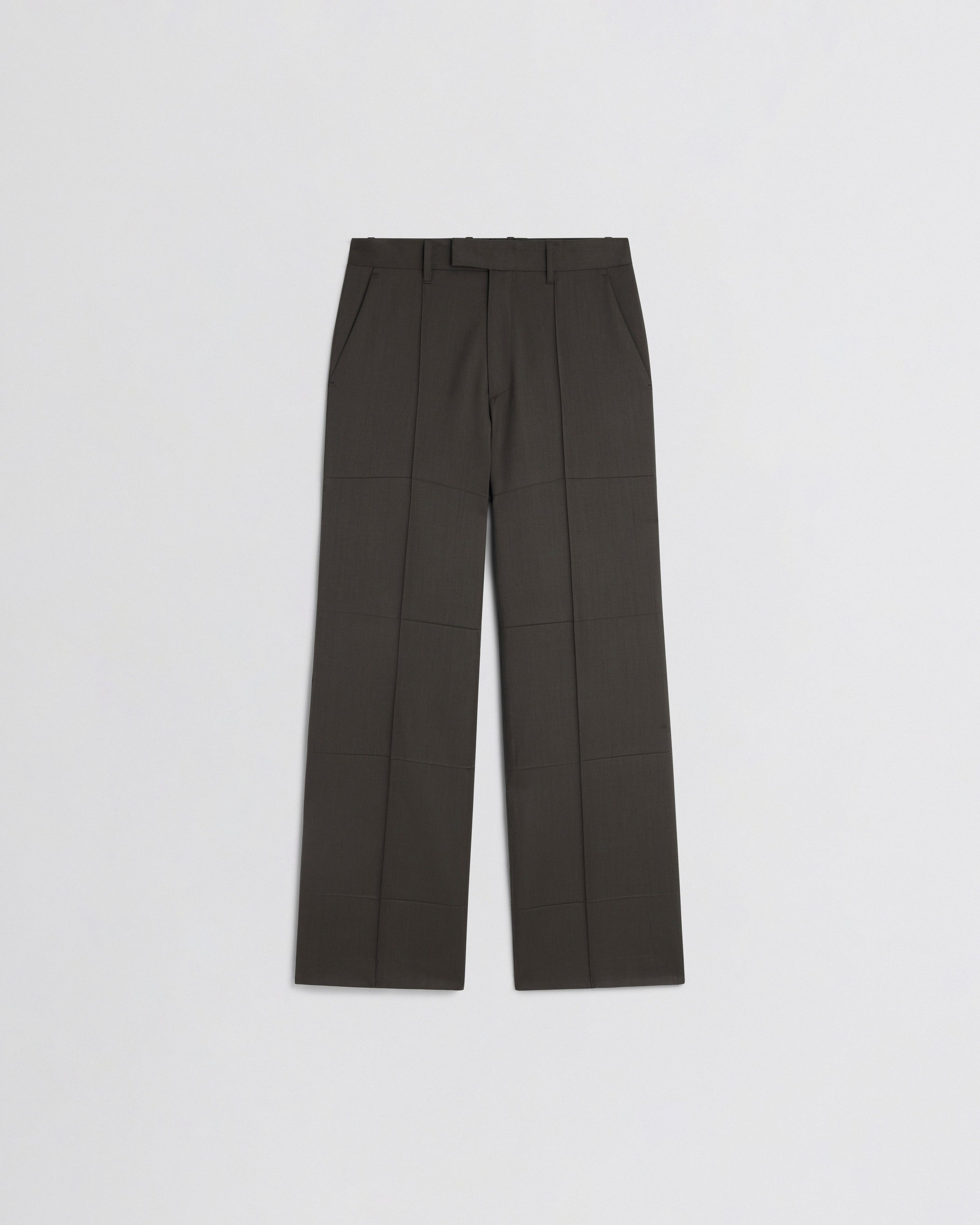 Flat front view of CREASED BOYISH TAILORED TROUSERS in brown khaki wool