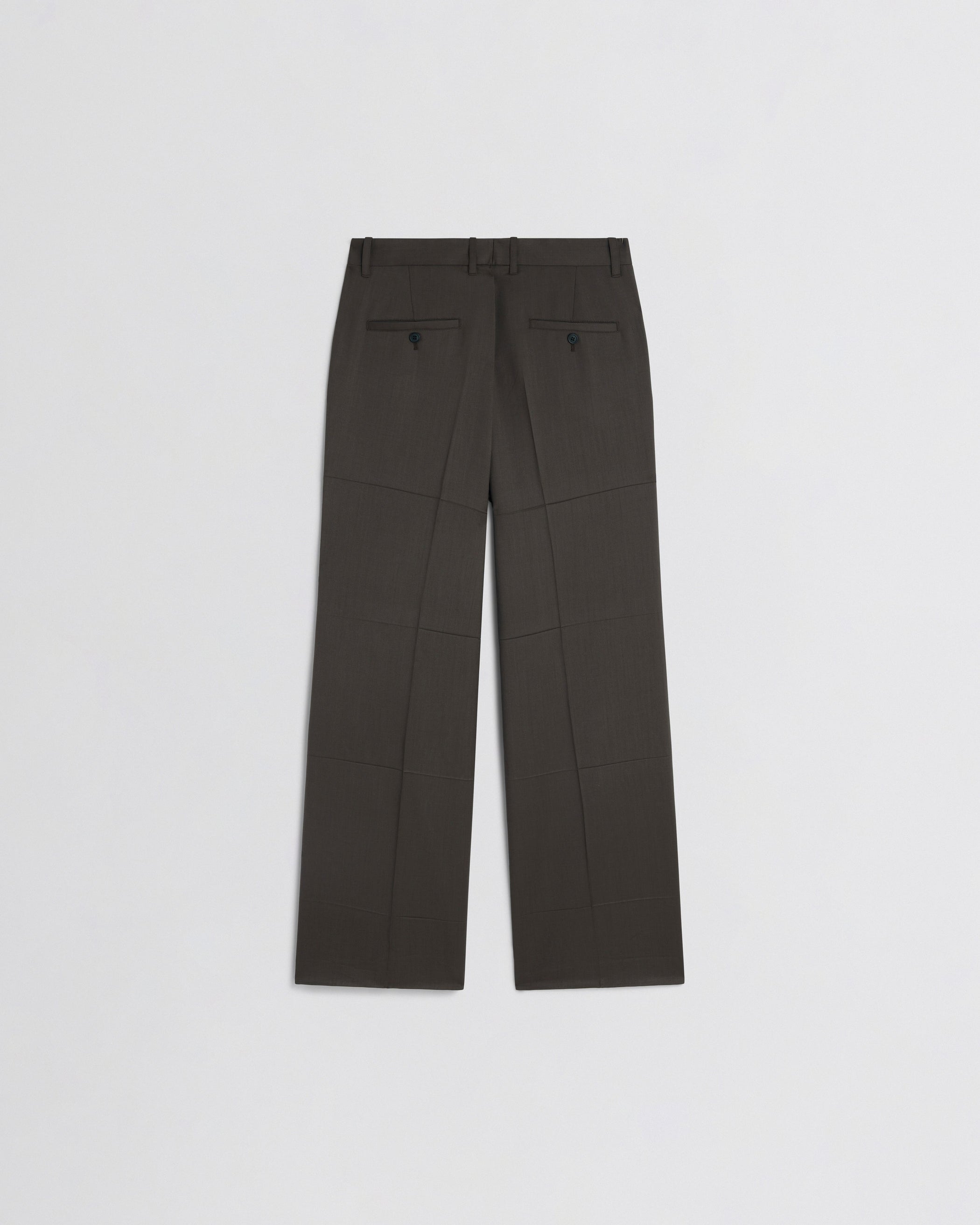 Flat back view of CREASED BOYISH TAILORED TROUSERS in brown khaki wool