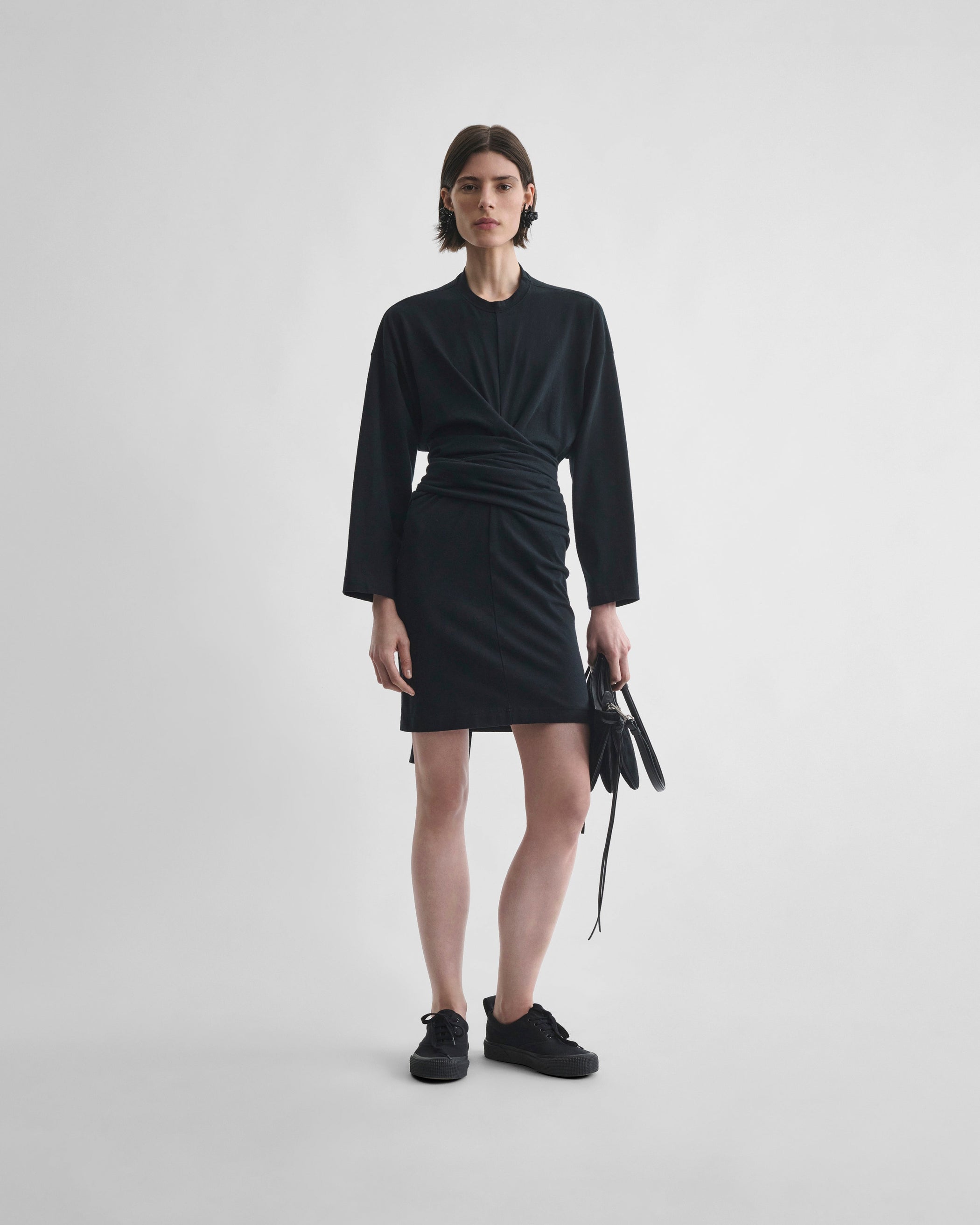 Front view of model wearing TIE T-SHIRT DRESS in black cotton