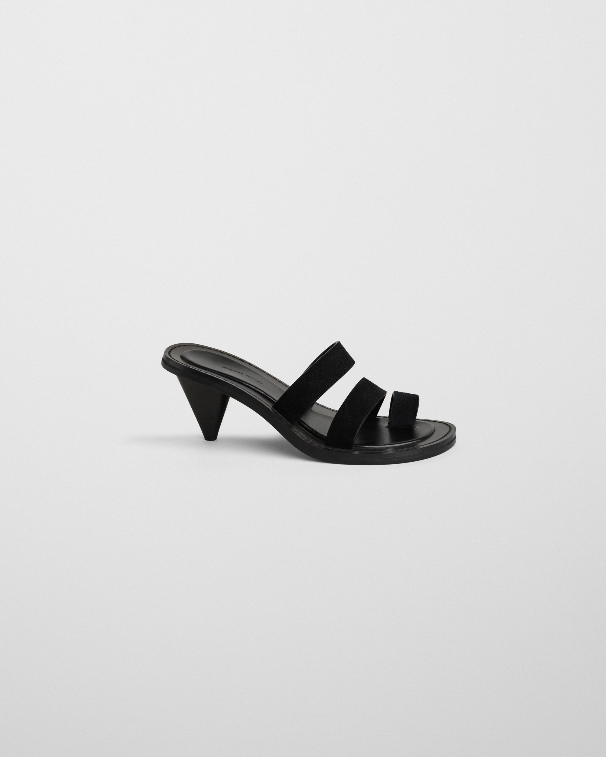 Flat side image of STRAP MULE in black suede
