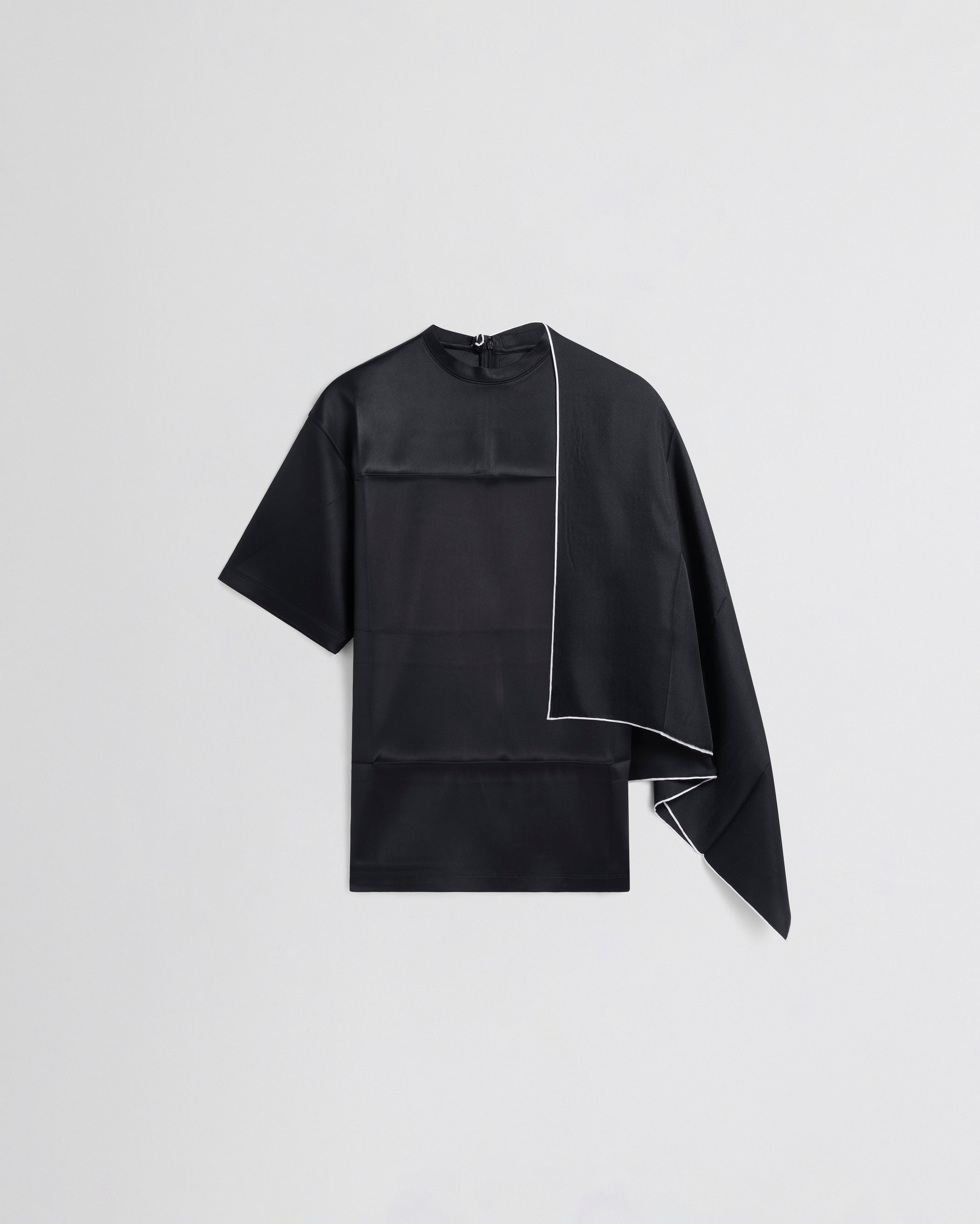 Flat front view of SCARF TOP in black silk