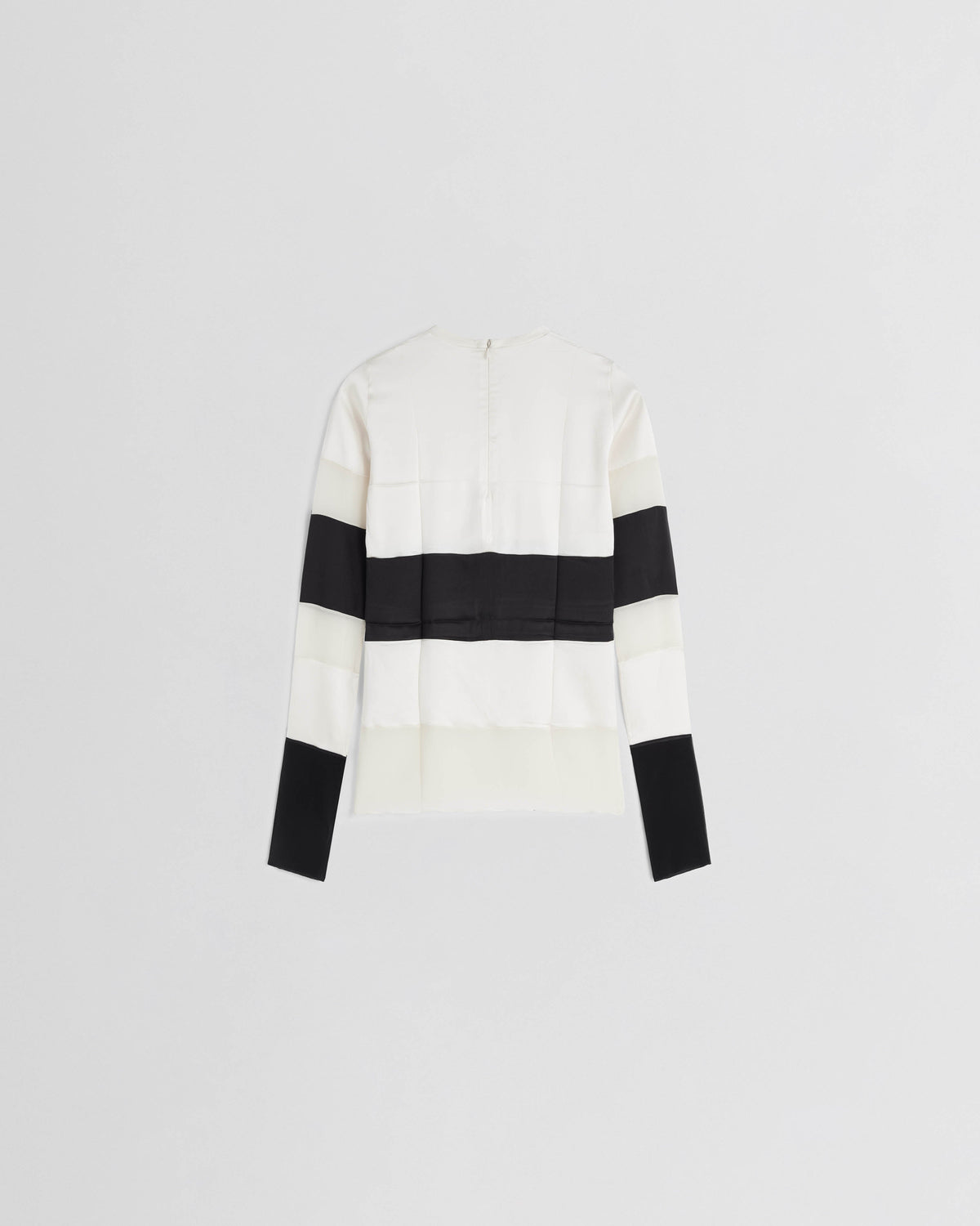 Back view of PANEL TOP in black white silk