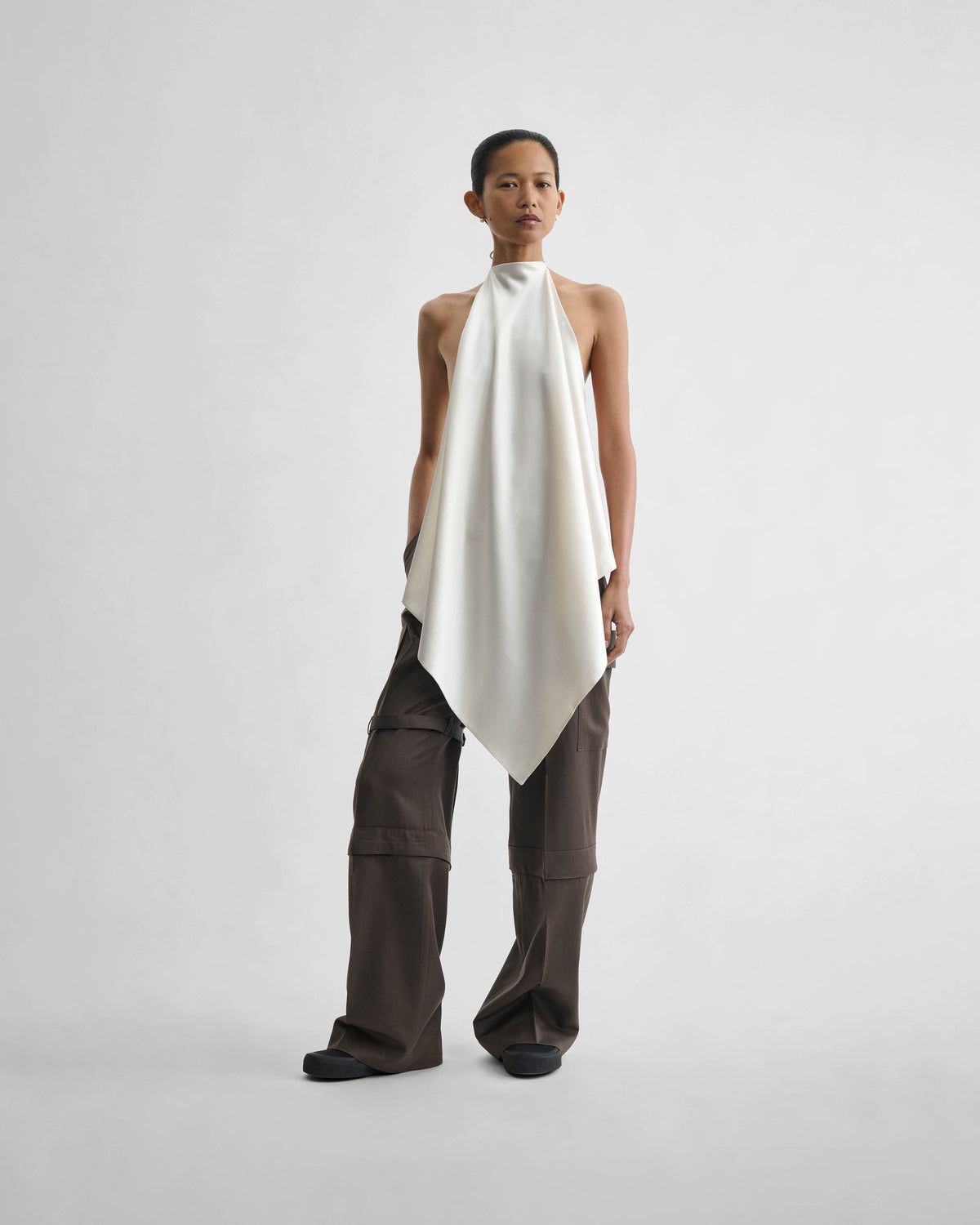 Front view of model wearing LIQUID SCARF TOP in cream silk