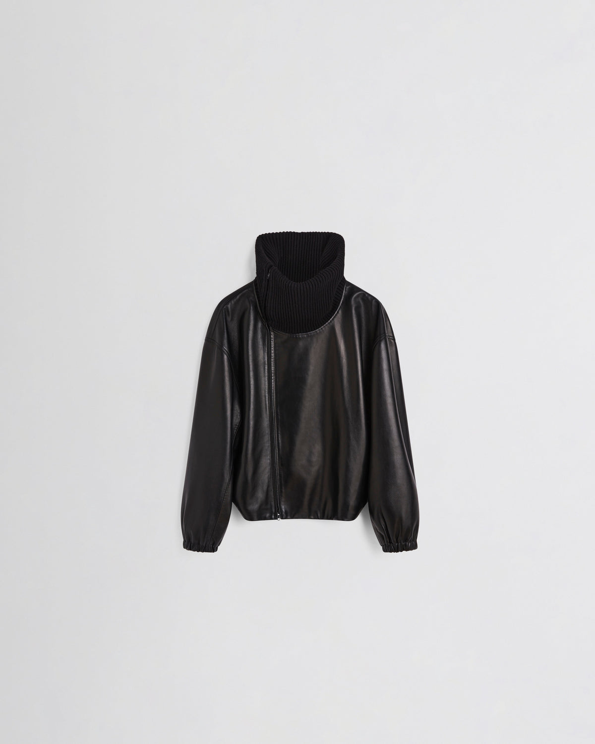 Front view of RIB NECK JACKET in black leather