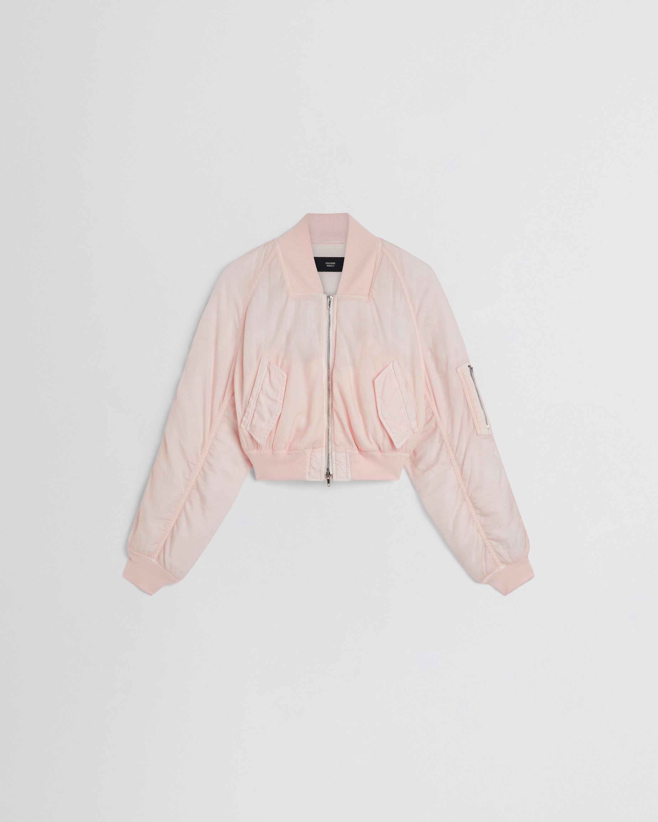 Front view of WASHED BOMBER in pale pink nylon [flashot]