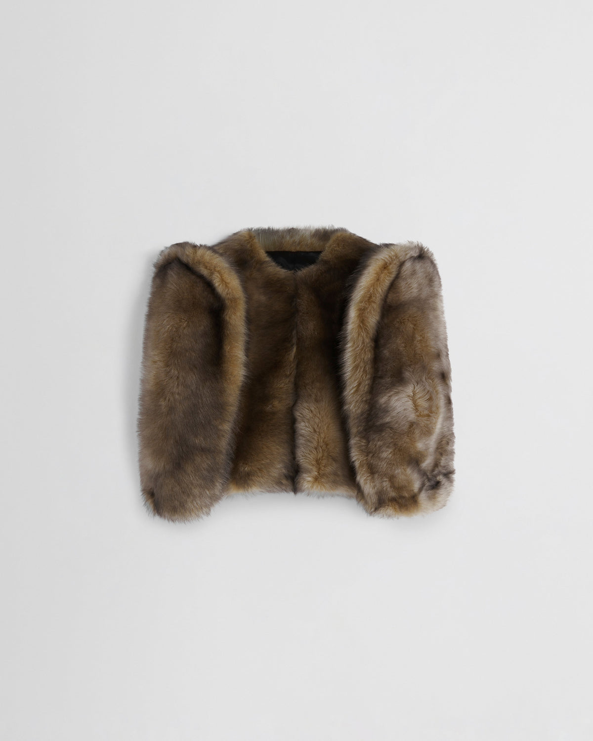 Flat front view of DANCER JACKET in blue apricot shearling
