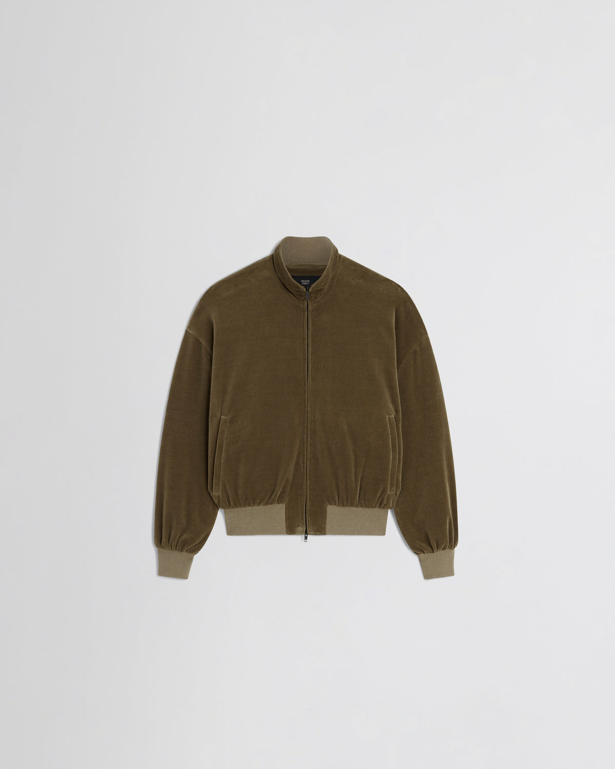 Front view of VELVETEEN BOMBER in bronze velour