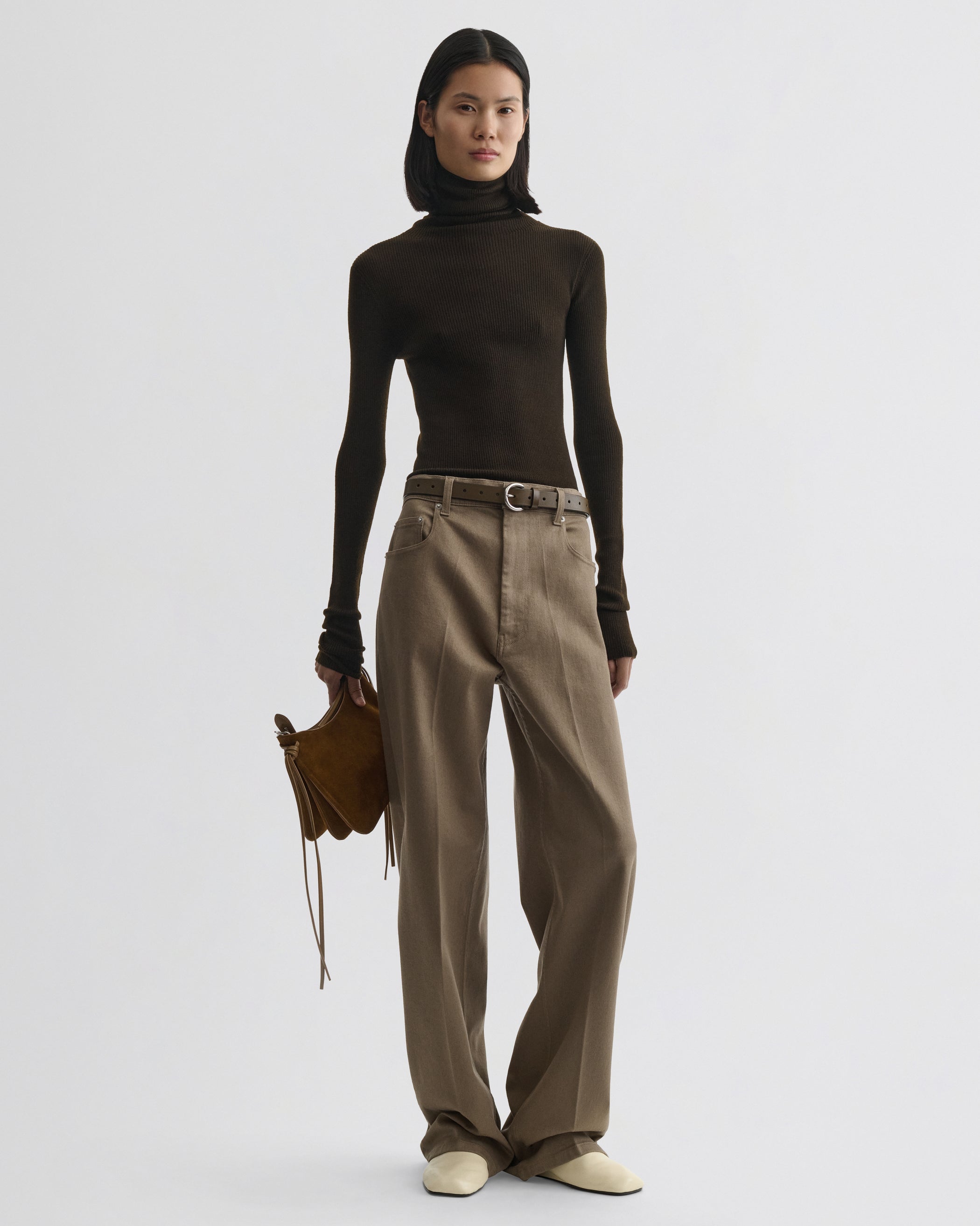 FINE RIB HIGH NECK TOP | dark khaki wool