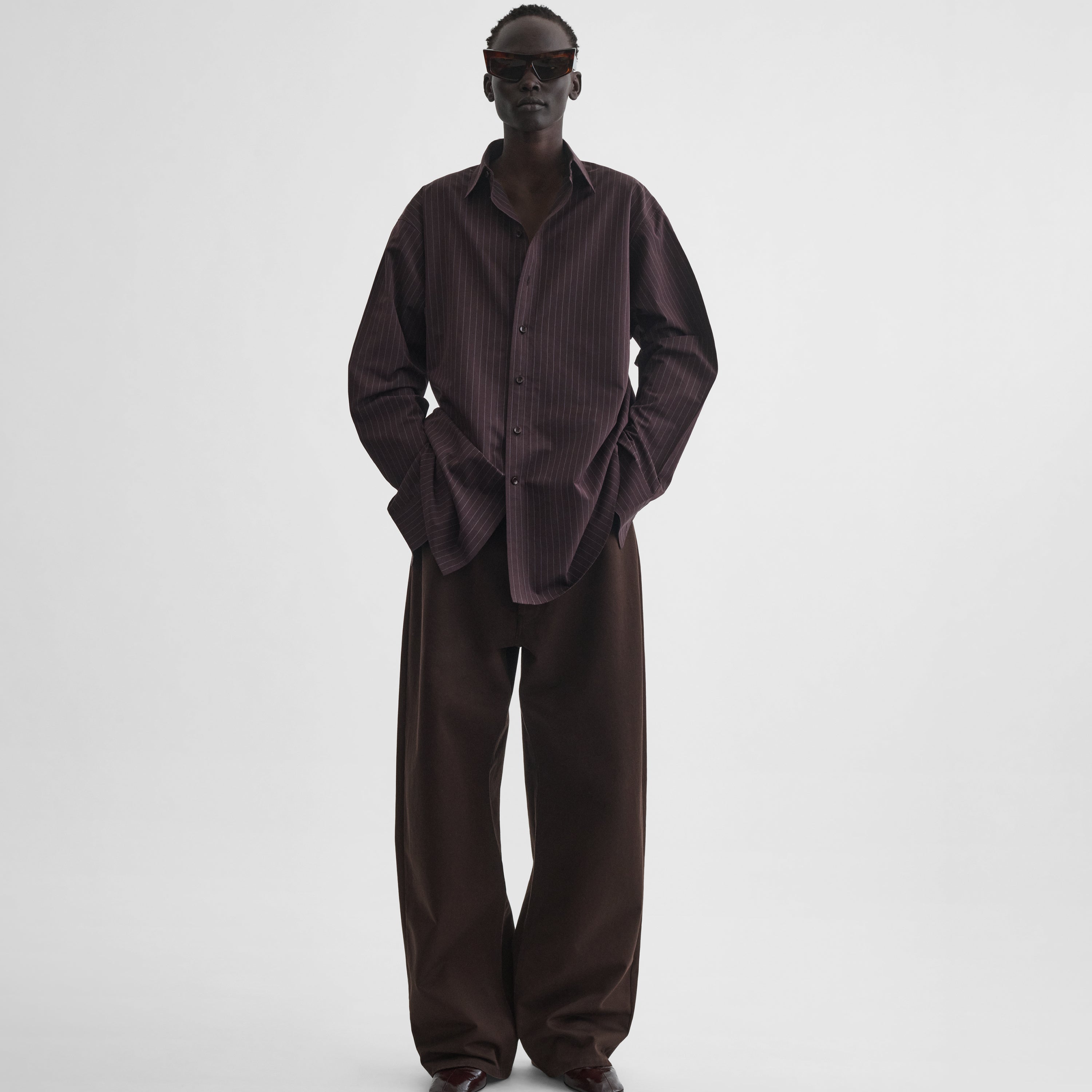 PHOEBE PHILO | SHARP COLLAR SHIRT | BLACK CHERRY PINSTRIPE